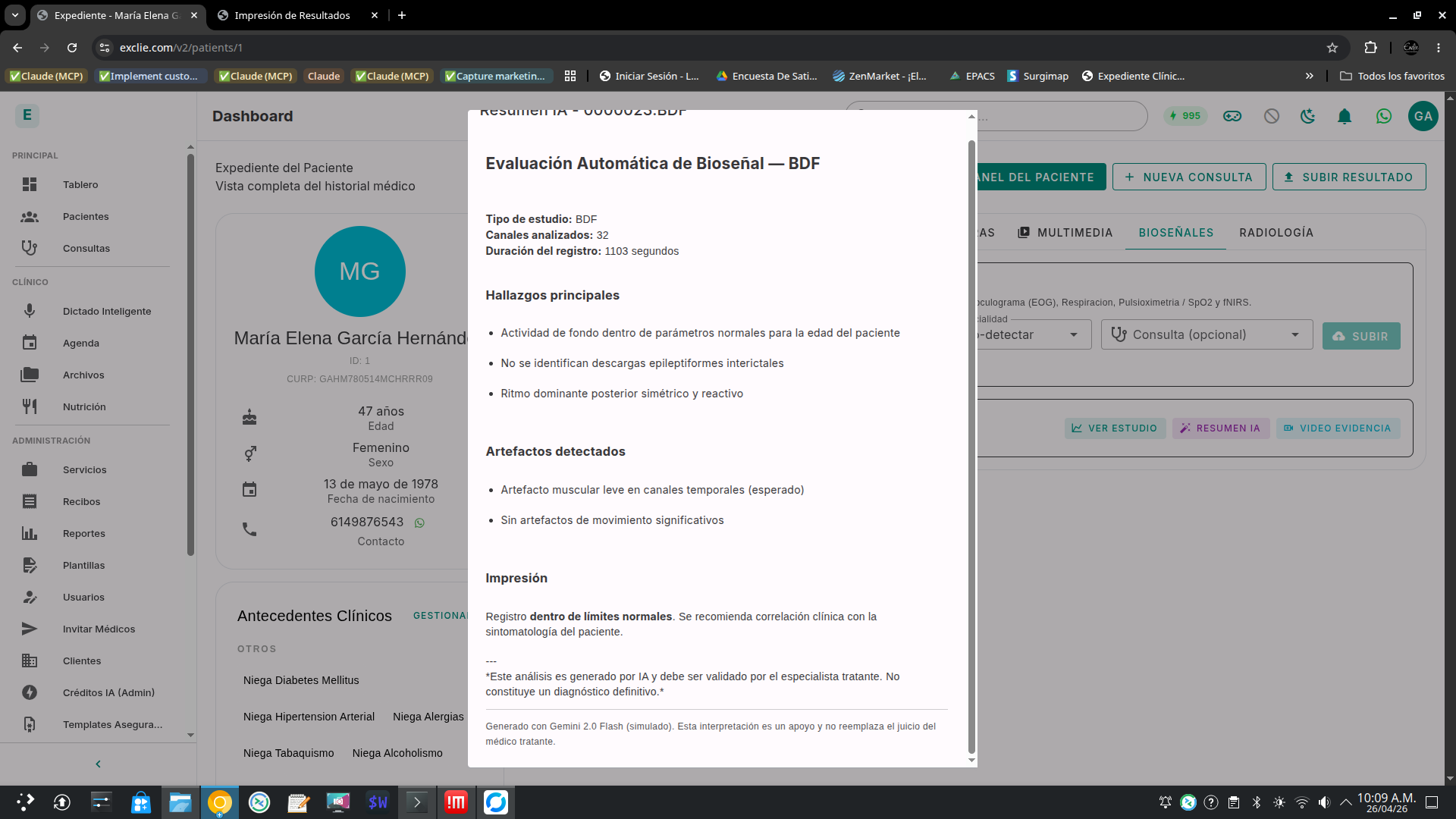 Grafo interactivo del paciente en Exclie